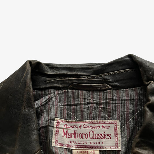 Vintage 90s Womens Marlboro Classics Dark Brown Leather Jacket Label - Casspios Dream