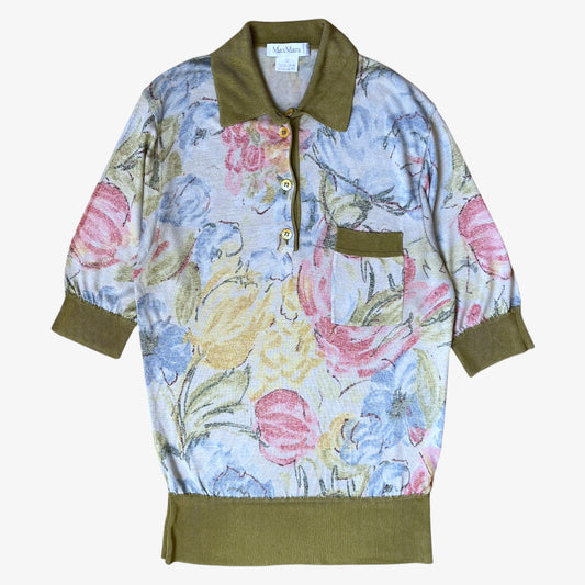 Floral watercolour patterned vintage 90s women's Max Mara knitted shirt with green contrasting collar.