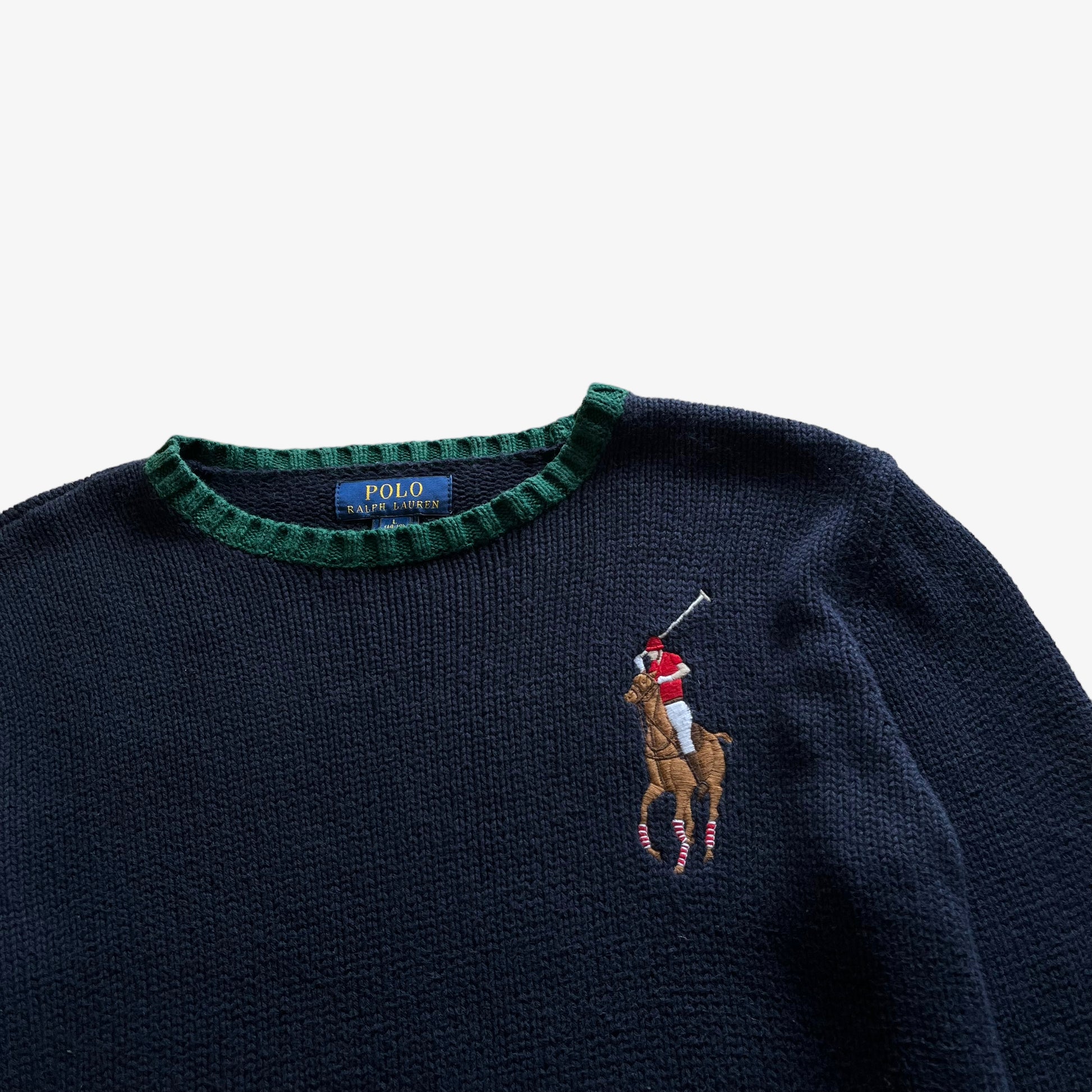 Vintage 90s Womens Polo Ralph Lauren Knitted Navy And Green Jumper Logo - Casspios Dream