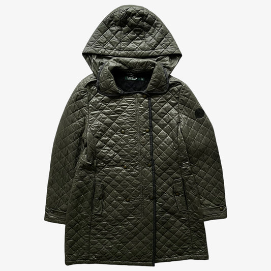Vintage 90s Womens Ralph Lauren Green Double Breasted Quilted Jacket With Removable Hood - Casspios Dream