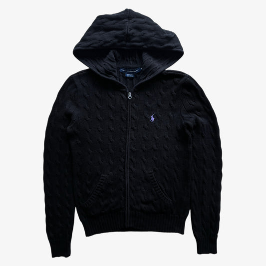 Vintage 90s Womens Ralph Lauren Sport Black Cable Knit Hooded Jacket - Casspios Dream
