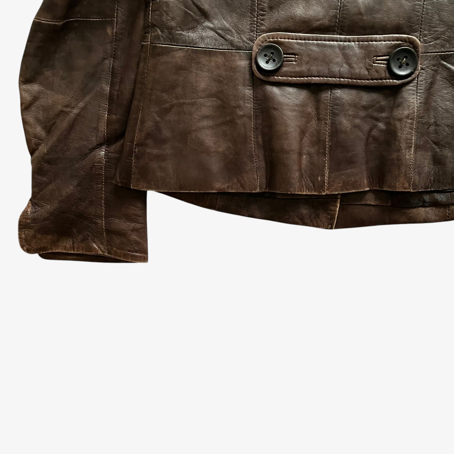 Vintage 90s Womens Redskins Faded Dark Brown Leather Jacket Back Hem - Casspios Dream