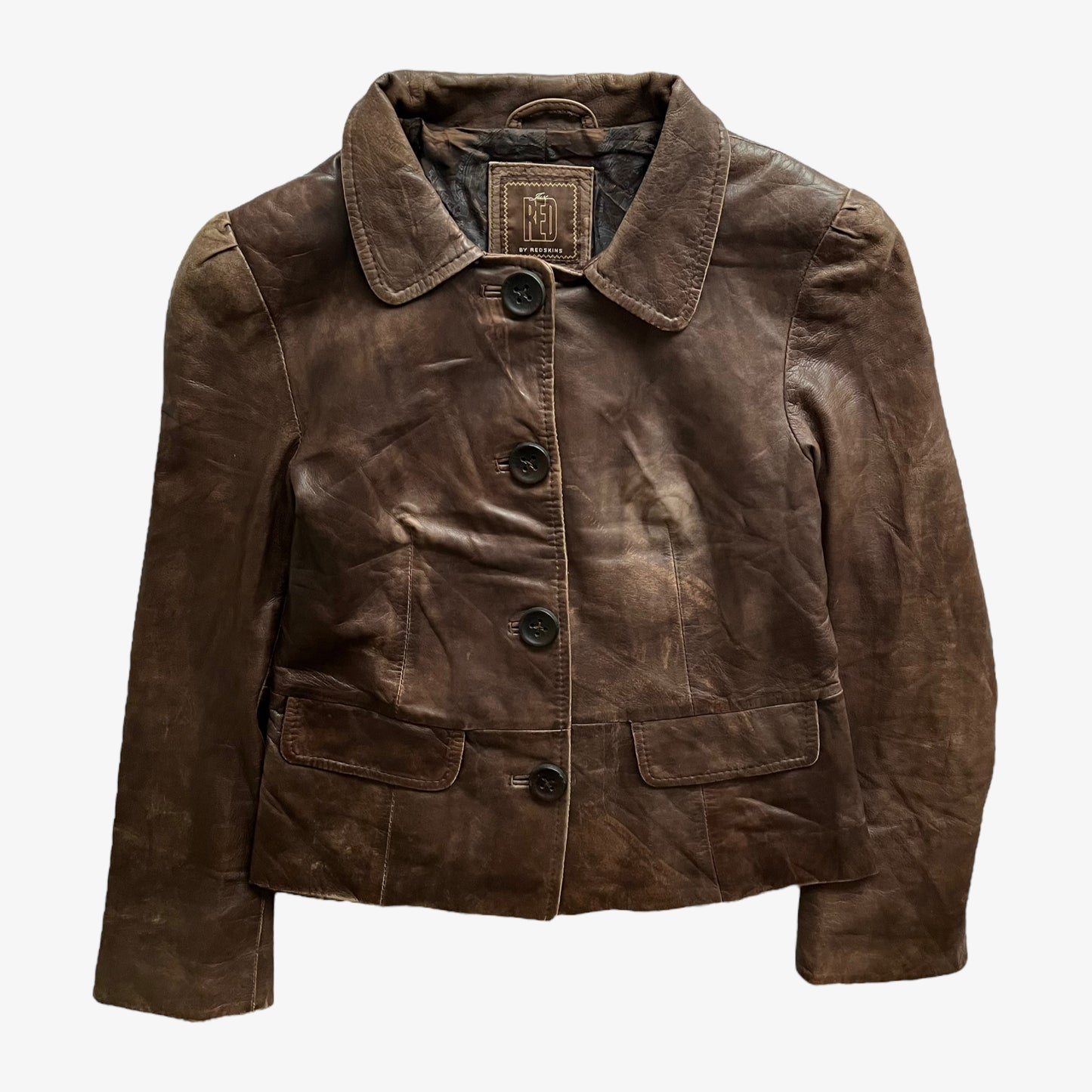 Vintage 90s Womens Redskins Faded Dark Brown Leather Jacket - Casspios Dream