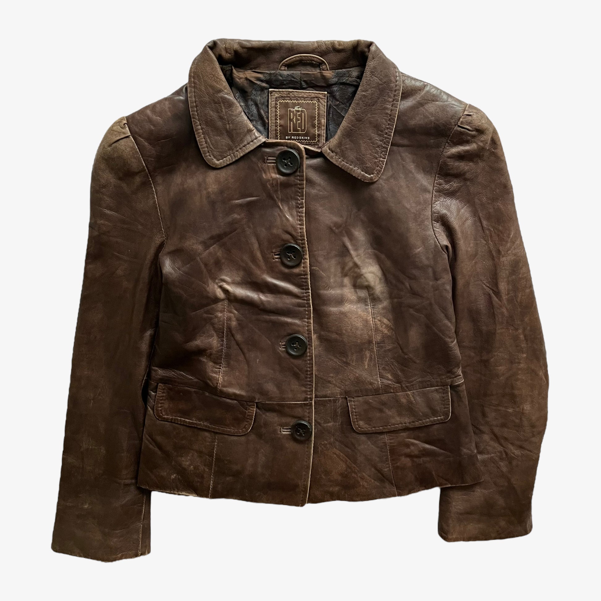 Vintage 90s Womens Redskins Faded Dark Brown Leather Jacket - Casspios Dream