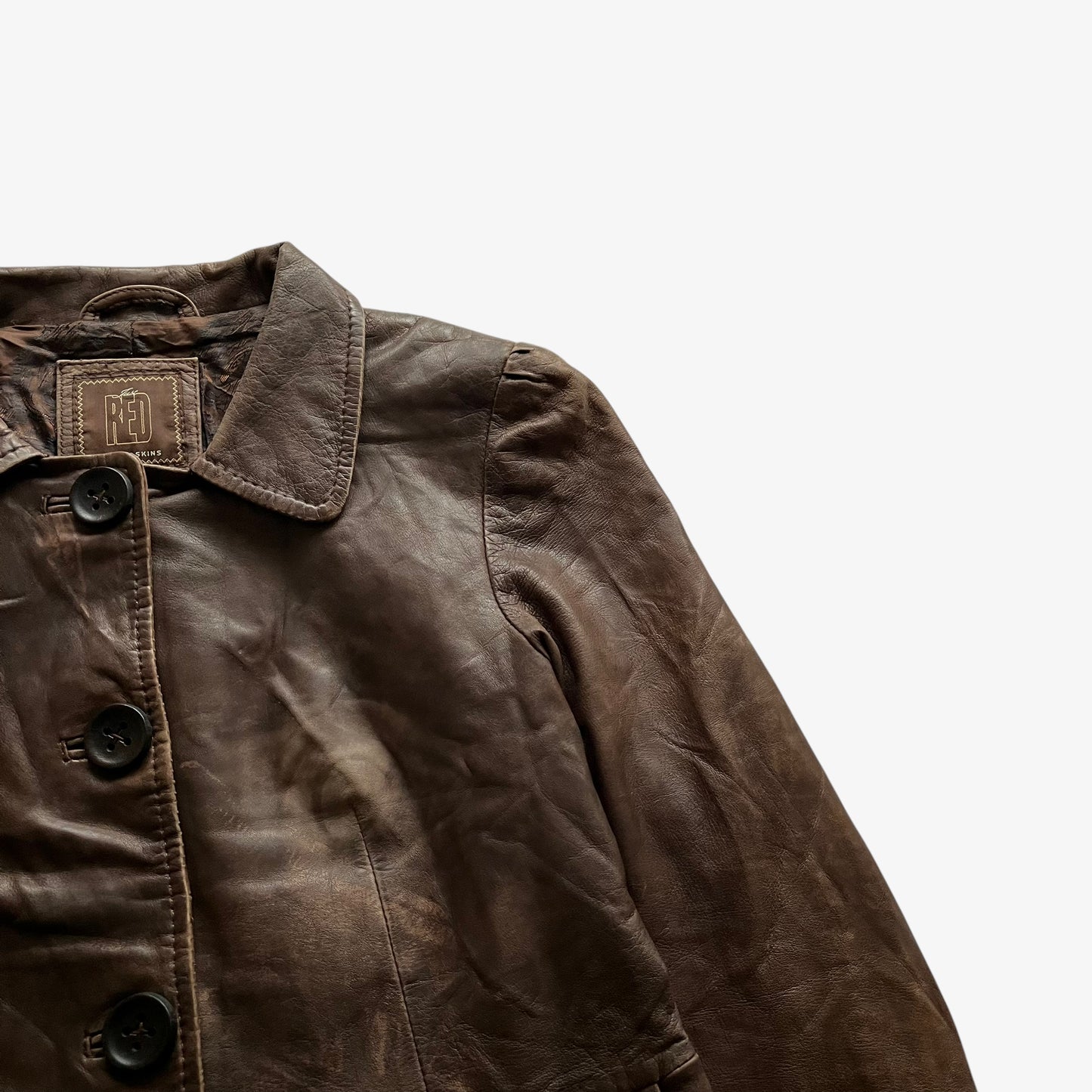 Vintage 90s Womens Redskins Faded Dark Brown Leather Jacket Shoulder - Casspios Dream