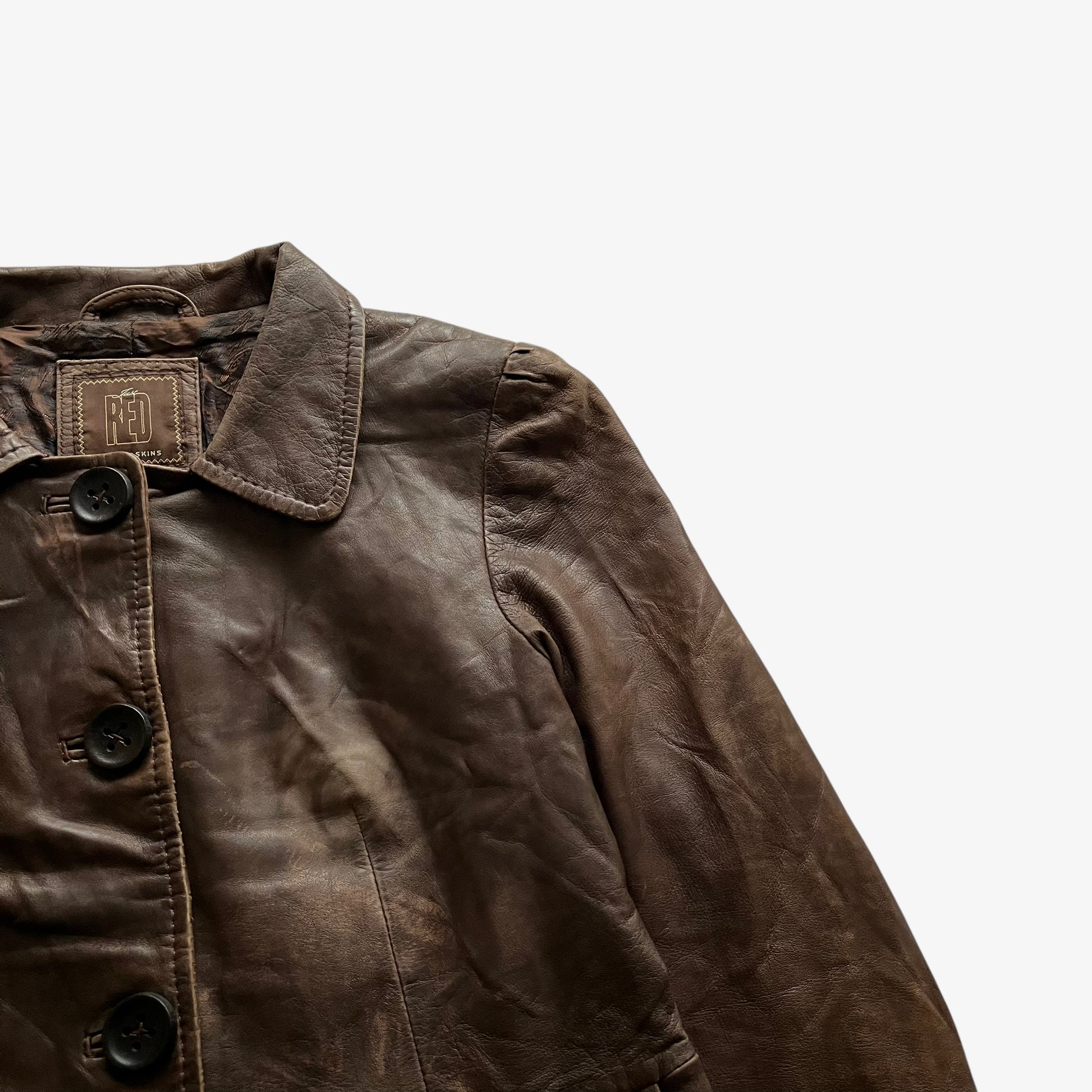 Vintage 90s Womens Redskins Faded Dark Brown Leather Jacket Shoulder - Casspios Dream