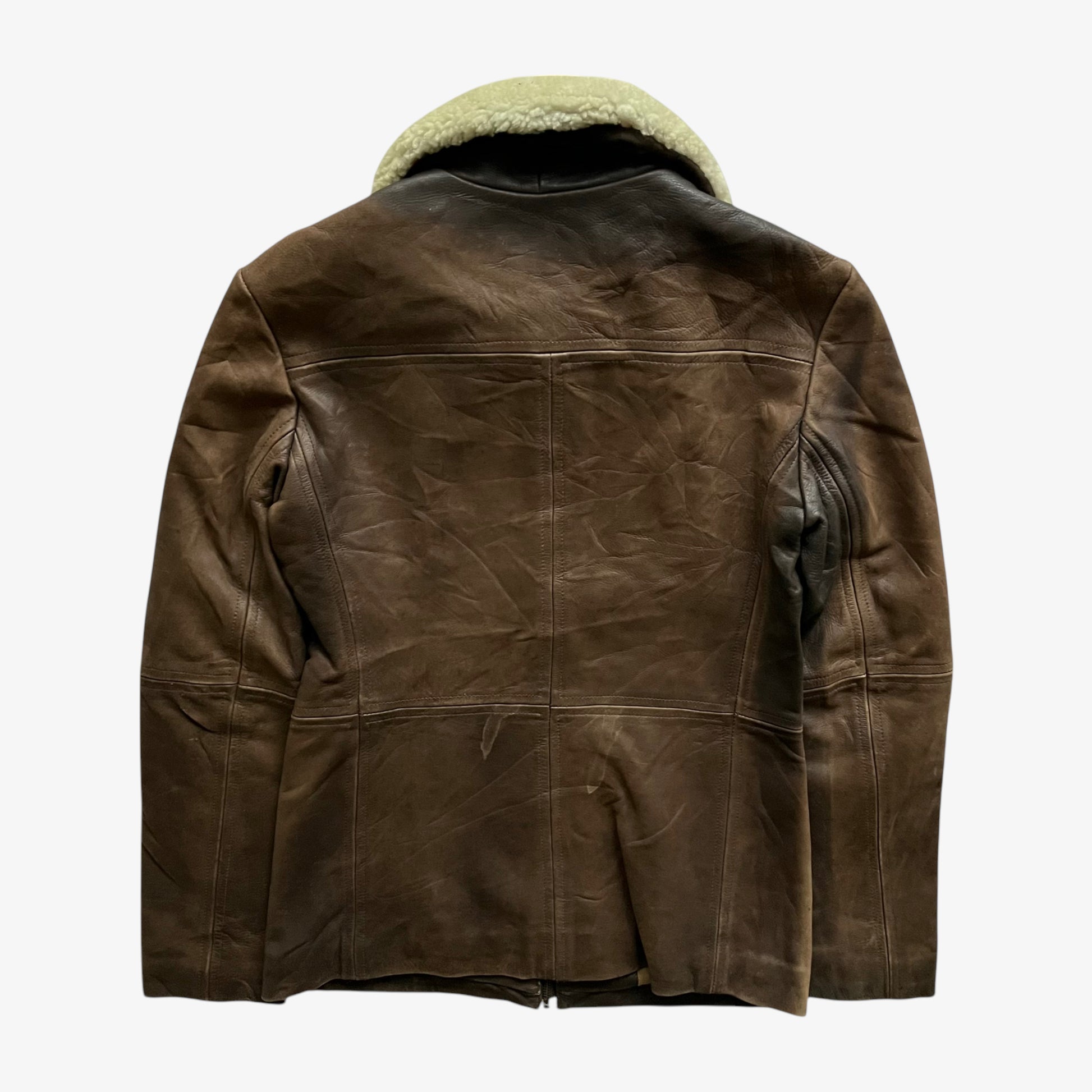 Vintage 90s Womens Redskins Faded Dark Brown Leather Pilot Jacket With Faux Fur Collar Back - Casspios Dream