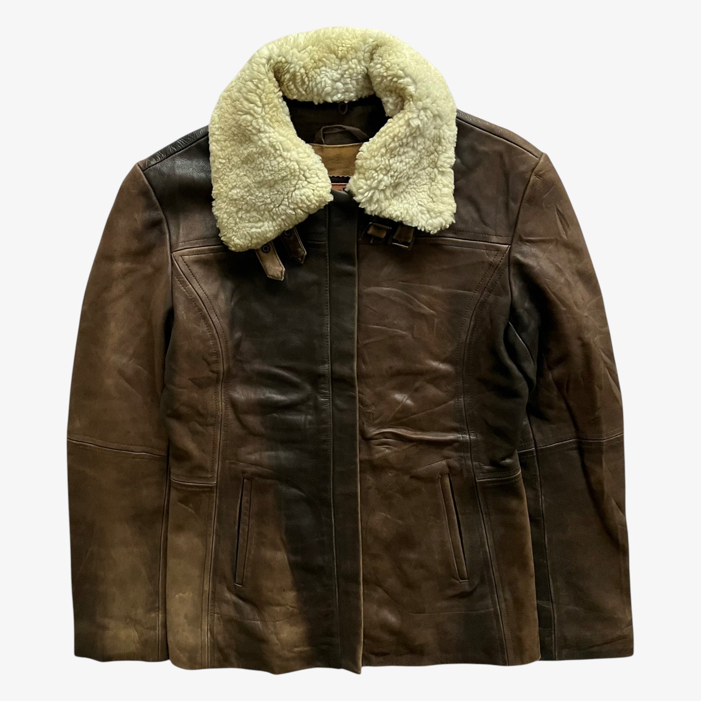 Vintage 90s Womens Redskins Faded Dark Brown Leather Pilot Jacket With Faux Fur Collar - Casspios Dream