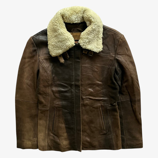 Vintage 90s Womens Redskins Faded Dark Brown Leather Pilot Jacket With Faux Fur Collar - Casspios Dream