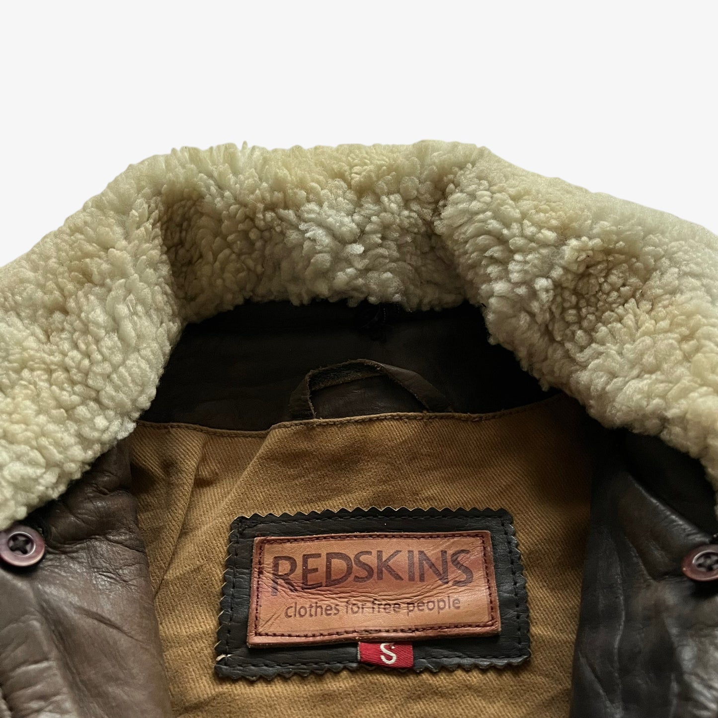 Vintage 90s Womens Redskins Faded Dark Brown Leather Pilot Jacket With Faux Fur Collar Label - Casspios Dream