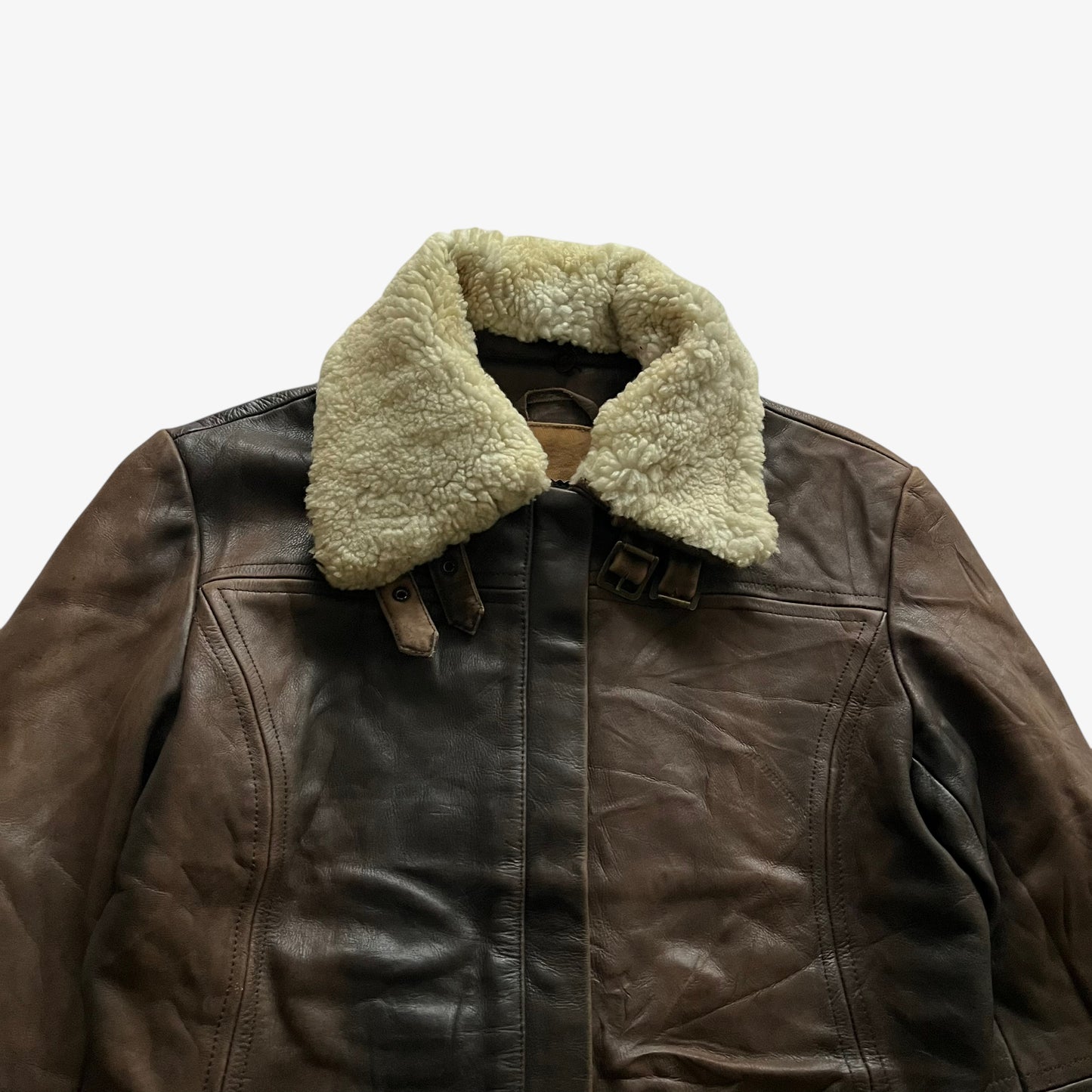 Vintage 90s Womens Redskins Faded Dark Brown Leather Pilot Jacket With Faux Fur Collar Sherpa - Casspios Dream