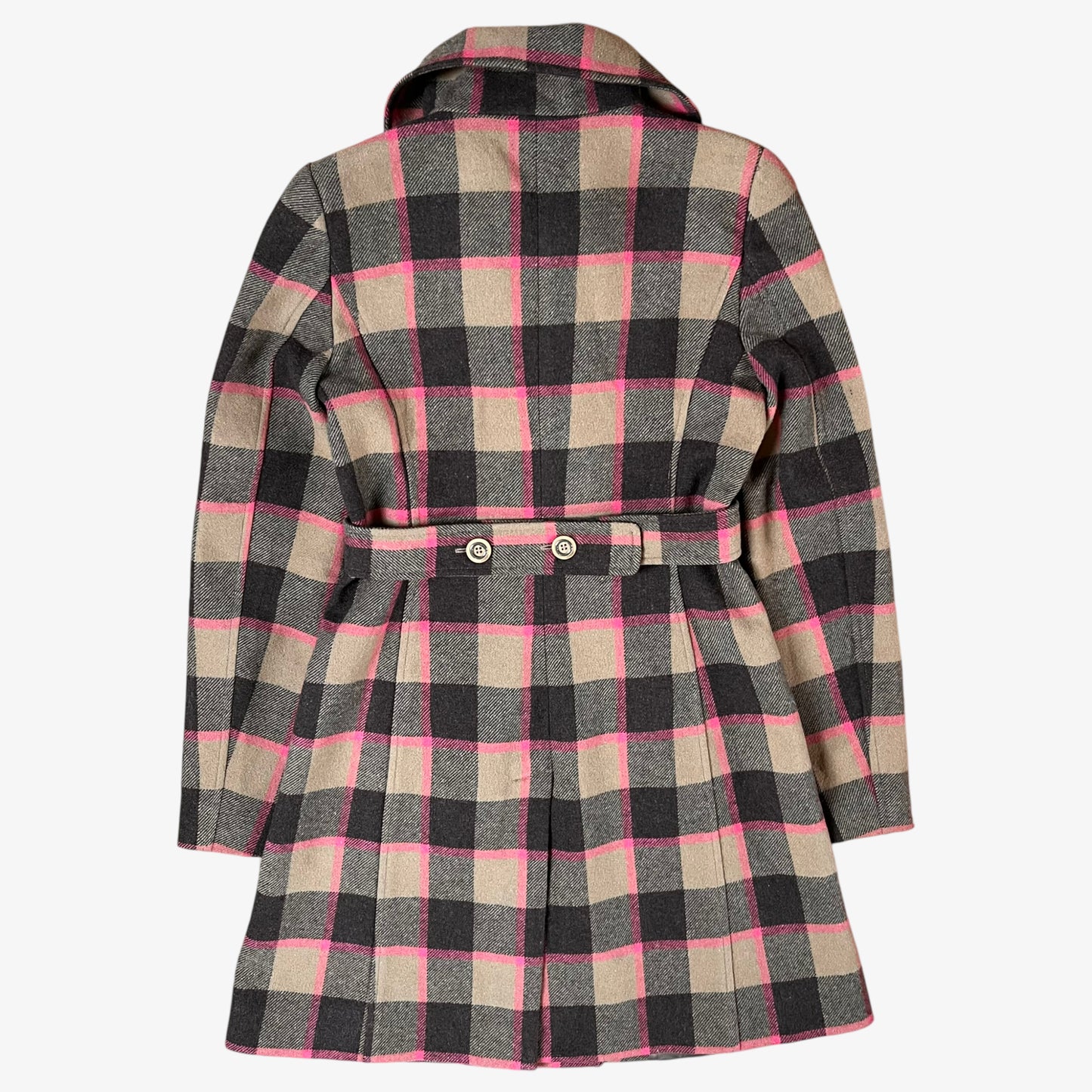 Back of vintage 90s Roberto Cavalli women’s brown and pink tartan and plaid double breasted wool blend coat.