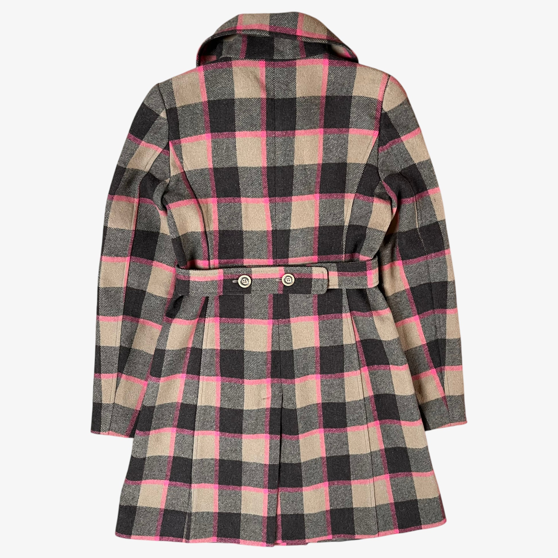 Back of vintage 90s Roberto Cavalli women’s brown and pink tartan and plaid double breasted wool blend coat.