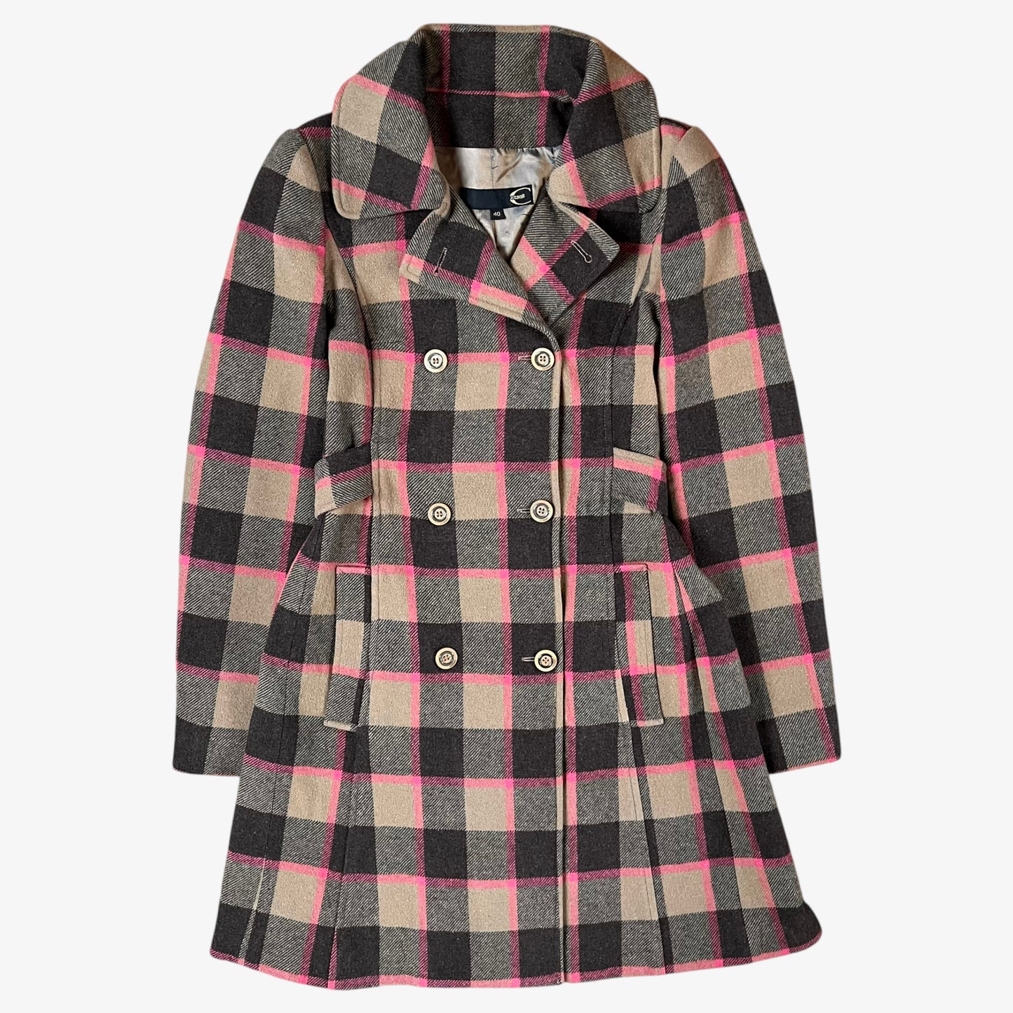 Vintage 90s Roberto Cavalli women’s brown and pink tartan and plaid double breasted wool blend coat.