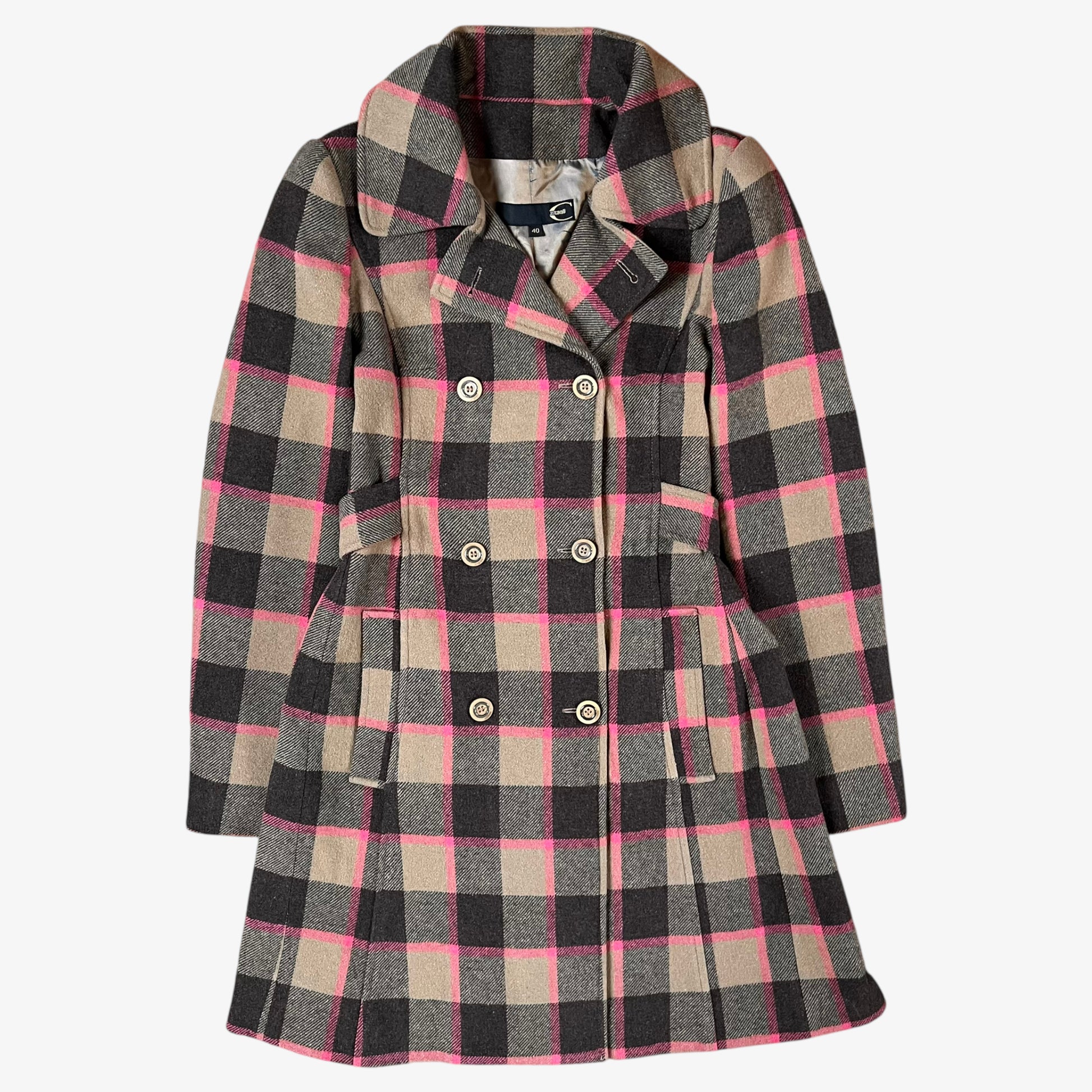 Vintage 90s Roberto Cavalli women’s brown and pink tartan and plaid double breasted wool blend coat.