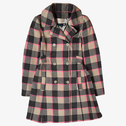 Vintage 90s Roberto Cavalli women’s brown and pink tartan and plaid double breasted wool blend coat.