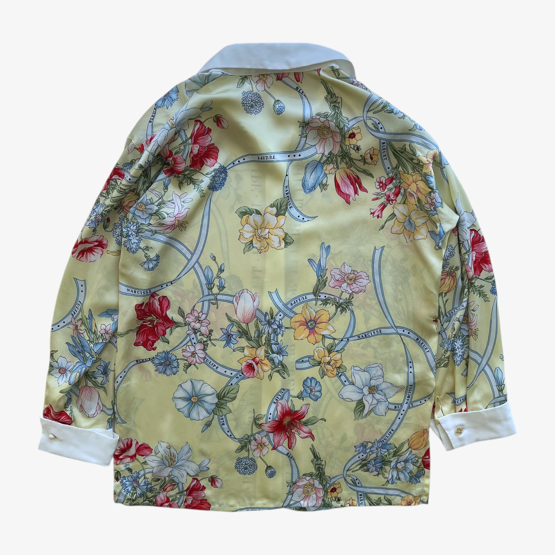 Vintage 90s Womens Tokyo Blouse Sports Floral Tulip Print Yellow Silk Shirt Back - Casspios Dream