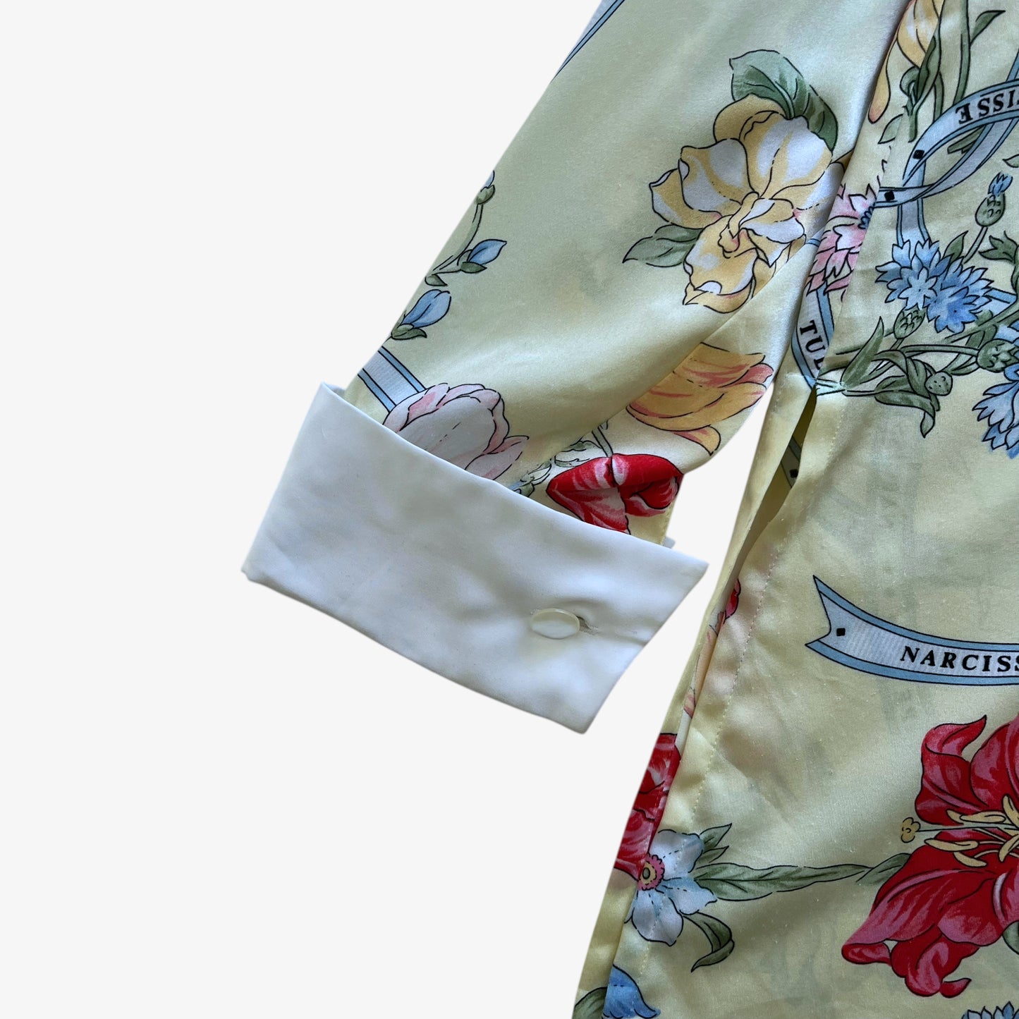 Vintage 90s Womens Tokyo Blouse Sports Floral Tulip Print Yellow Silk Shirt Button - Casspios Dream