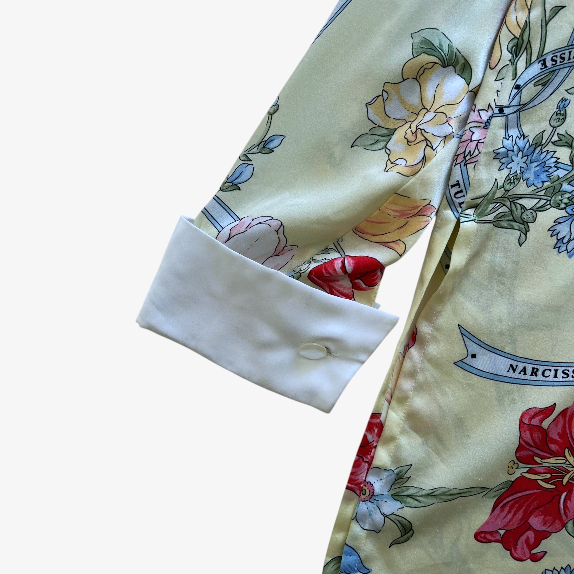 Vintage 90s Womens Tokyo Blouse Sports Floral Tulip Print Yellow Silk Shirt Button - Casspios Dream
