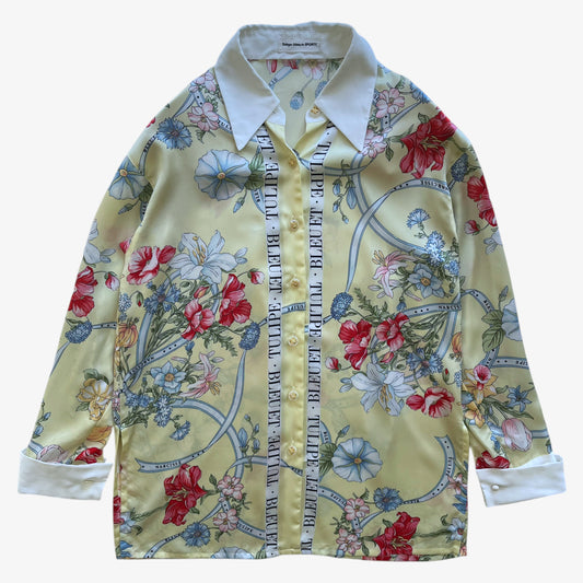 Vintage 90s Womens Tokyo Blouse Sports Floral Tulip Print Yellow Silk Shirt - Casspios Dream