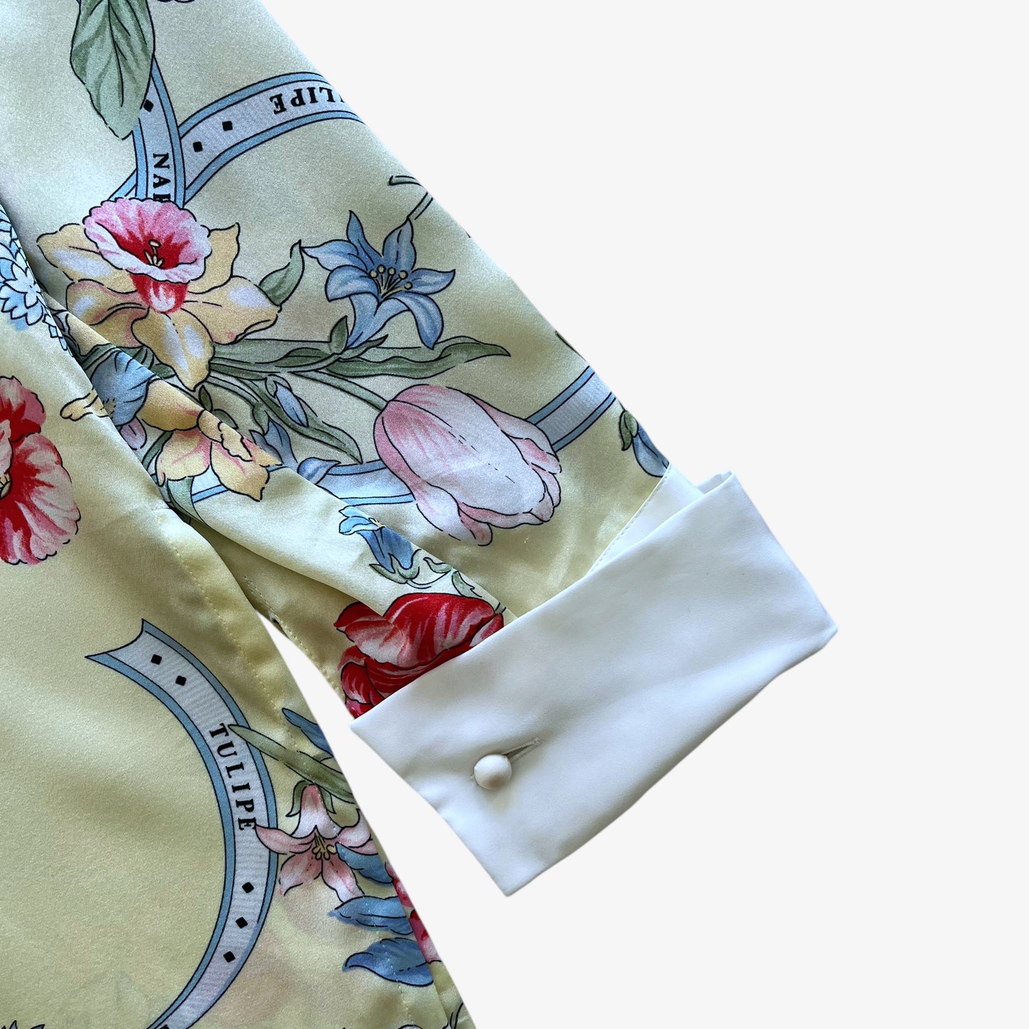 Vintage 90s Womens Tokyo Blouse Sports Floral Tulip Print Yellow Silk Shirt Cuff - Casspios Dream