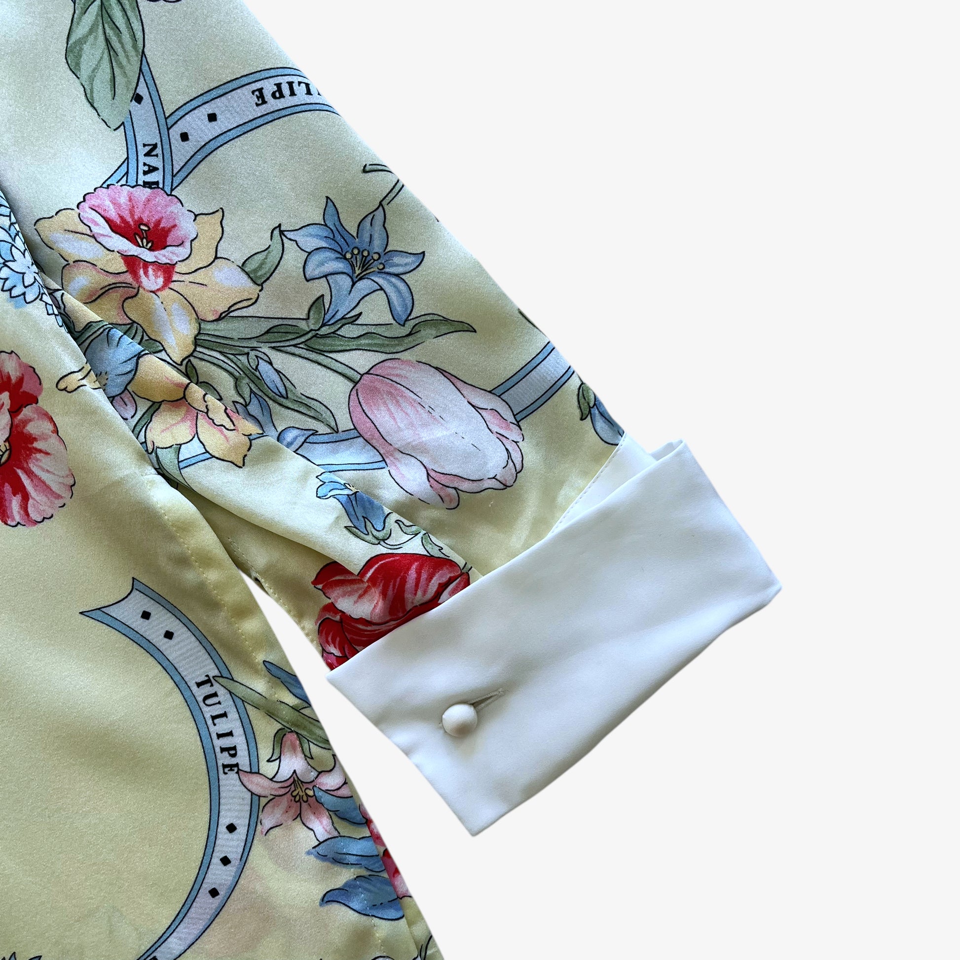 Vintage 90s Womens Tokyo Blouse Sports Floral Tulip Print Yellow Silk Shirt Cuff - Casspios Dream