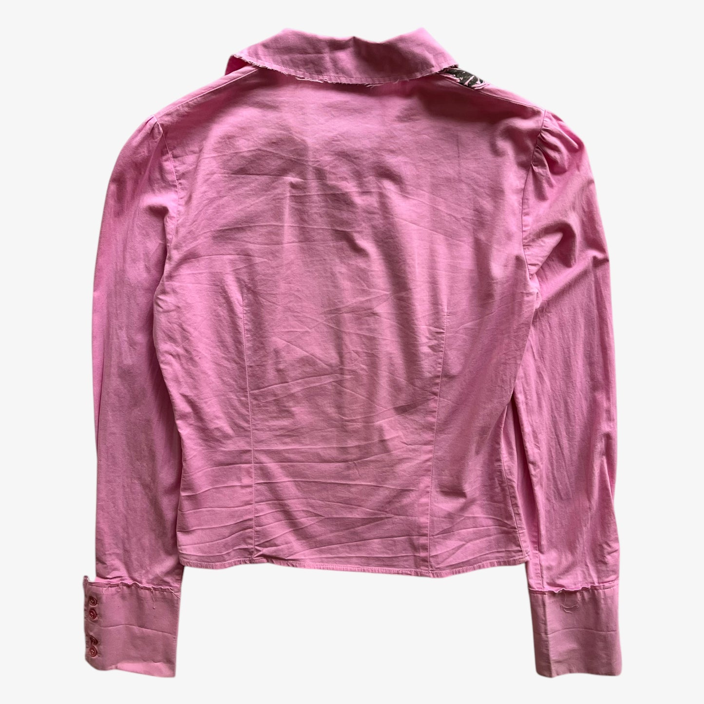 Vintage 90s Womens Versace Jeans Couture Pink Long Sleeve Shirt With Embroidered Black Floral Design Back - Casspios Dream