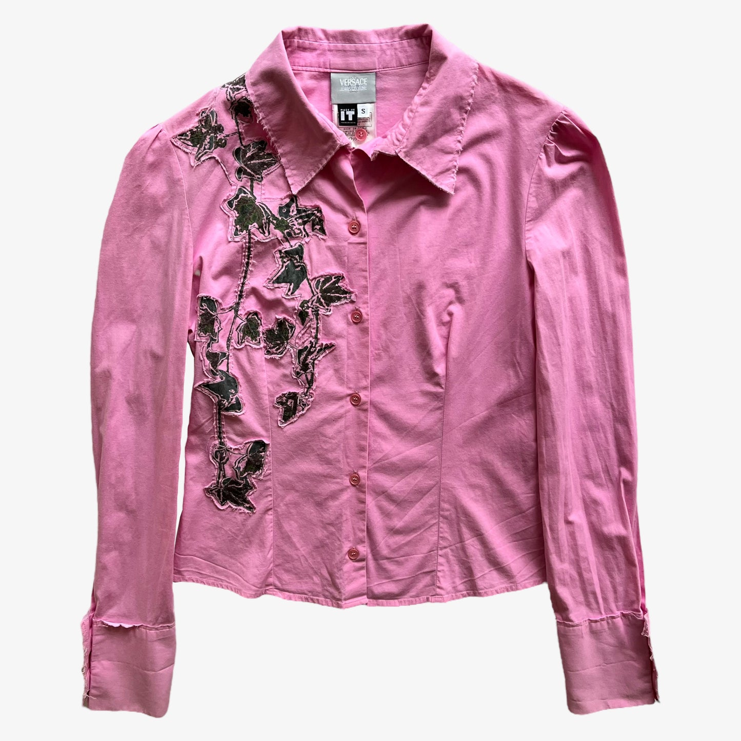 Vintage 90s Womens Versace Jeans Couture Pink Long Sleeve Shirt With Embroidered Black Floral Design - Casspios Dream