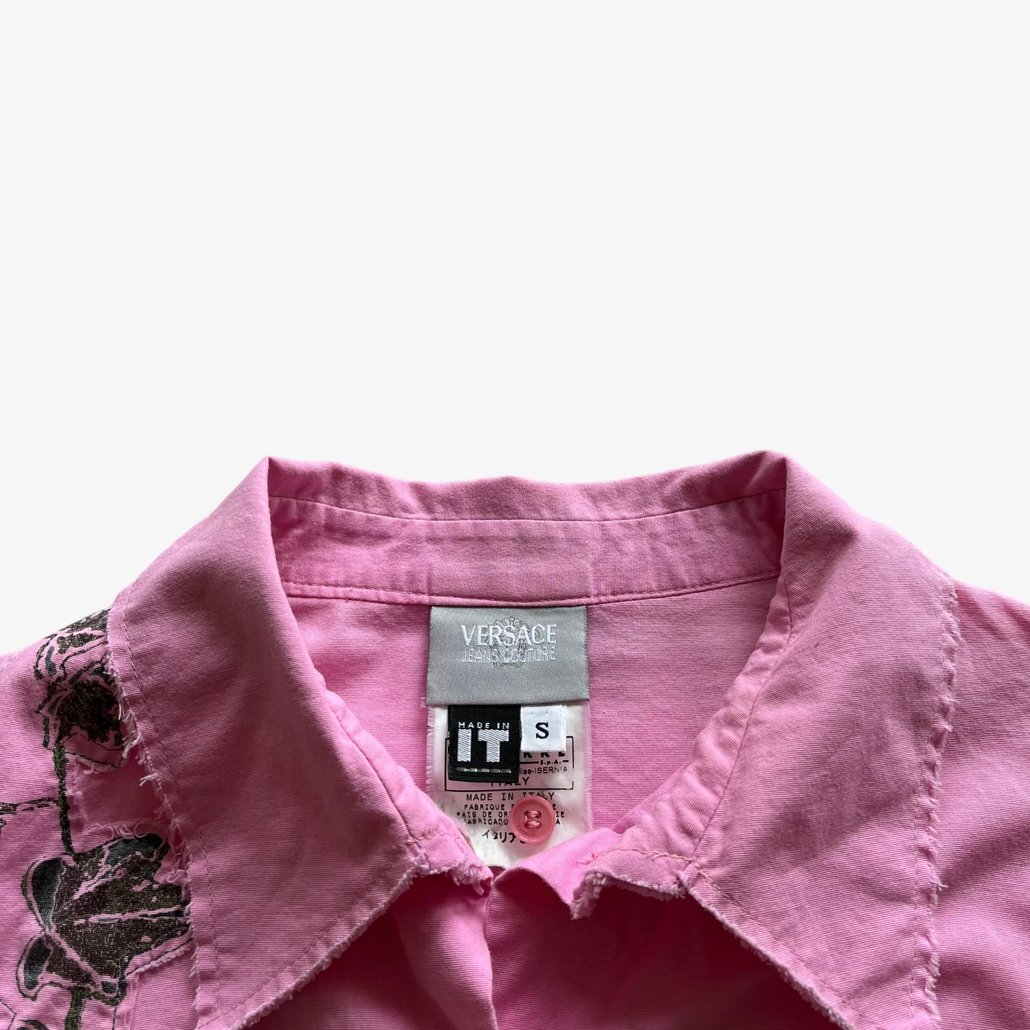 Vintage 90s Womens Versace Jeans Couture Pink Long Sleeve Shirt With Embroidered Black Floral Design Label - Casspios Dream