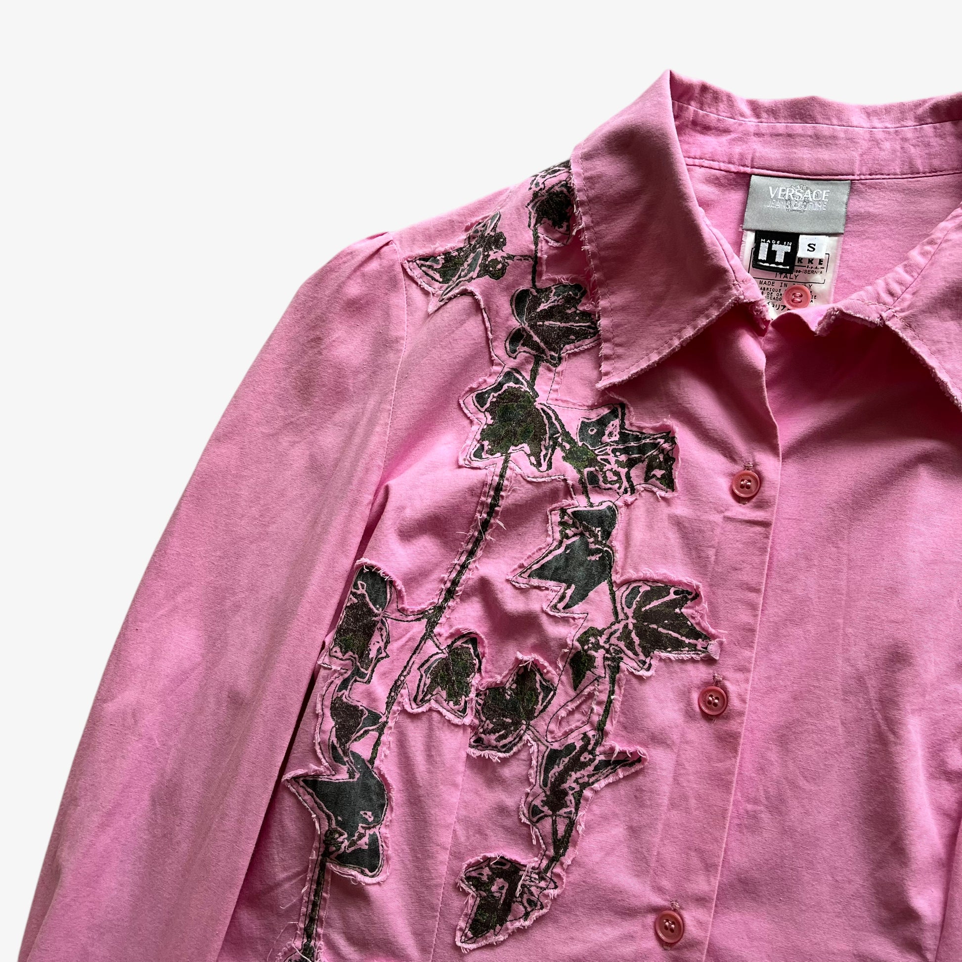 Vintage 90s Womens Versace Jeans Couture Pink Long Sleeve Shirt With Embroidered Black Floral Design Leaf - Casspios Dream