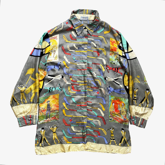 Vintage 90s Womens Versace Sport Golf Print Long Sleeve Silk Shirt - Casspios Dream