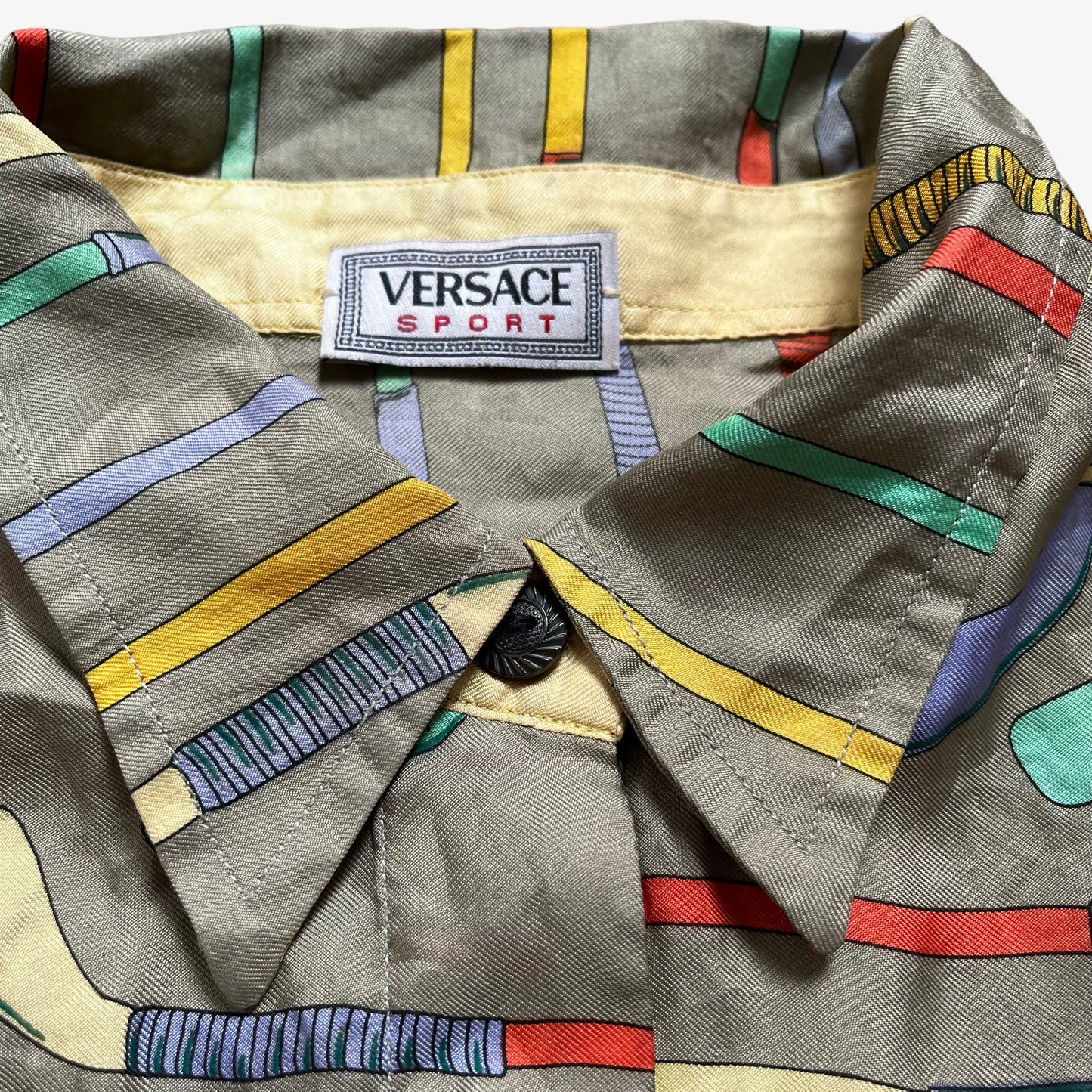 Vintage 90s Womens Versace Sport Golf Print Long Sleeve Silk Shirt Top Button - Casspios Dream