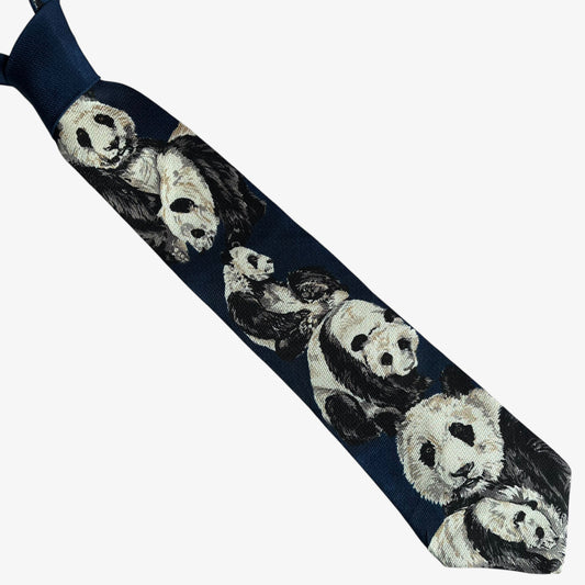 Vintage 90s World Wildlife Fund WWF 1993 Panda Print Navy Silk Tie - Casspios Dream