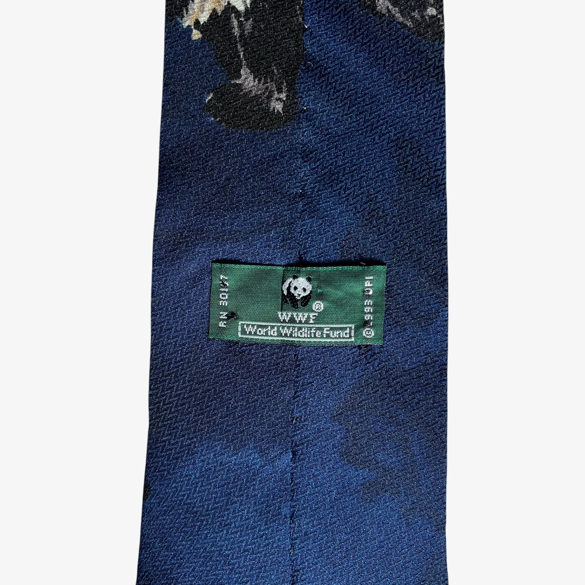 Vintage 90s World Wildlife Fund WWF 1993 Panda Print Navy Silk Tie Label - Casspios Dream