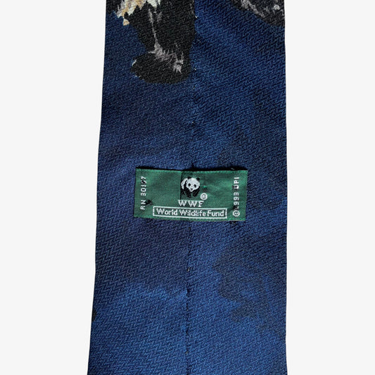 Vintage 90s World Wildlife Fund WWF 1993 Panda Print Navy Silk Tie Label - Casspios Dream