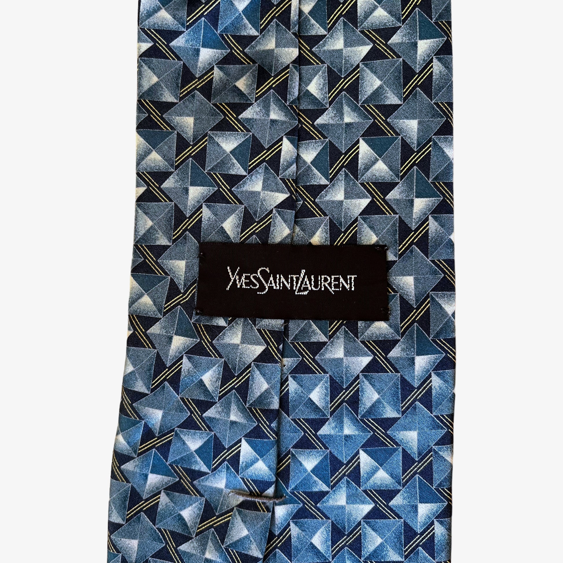 Vintage 90s Yves Saint Laurent Geometric Print Blue Mandai Tie Label - Casspios Dream