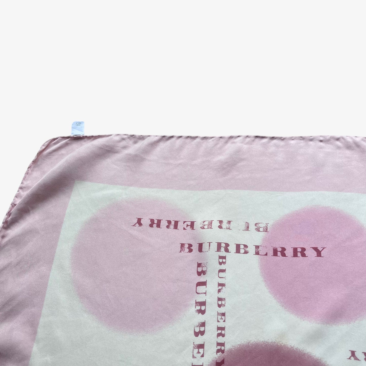 Spell out Burberry logo of women's vintage Y2K polka dot print pink silk scarf.