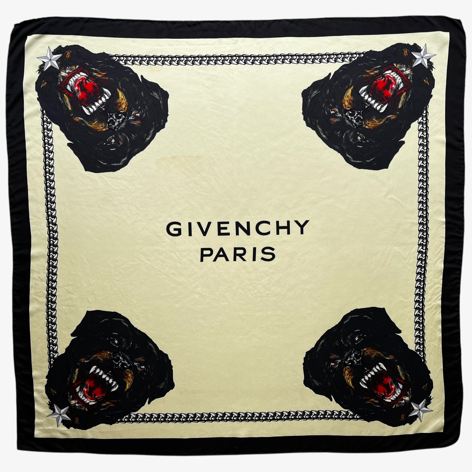 Women's vintage Y2K Givenchy Paris Rottweiler dog print silk scarf.
