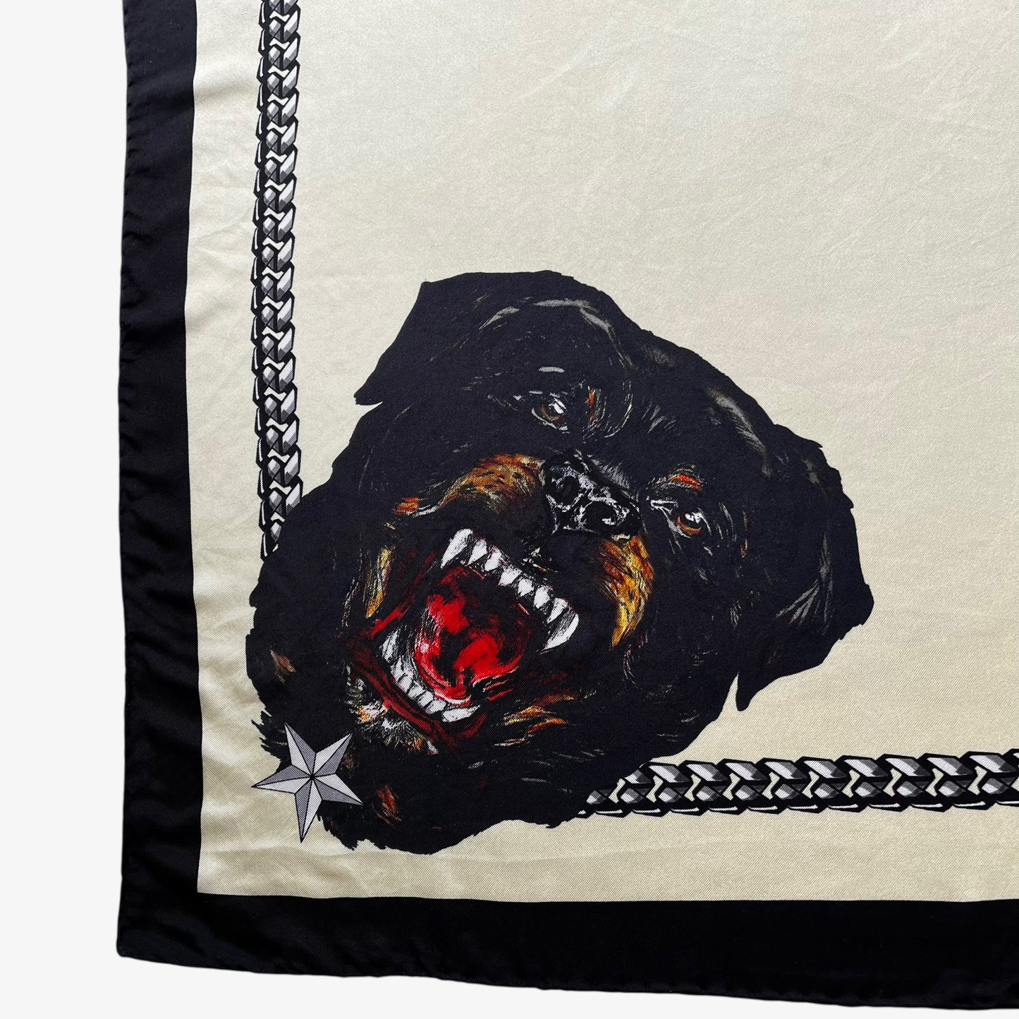 Rottweiler dog print on women's vintage Y2K Givenchy Paris silk scarf.