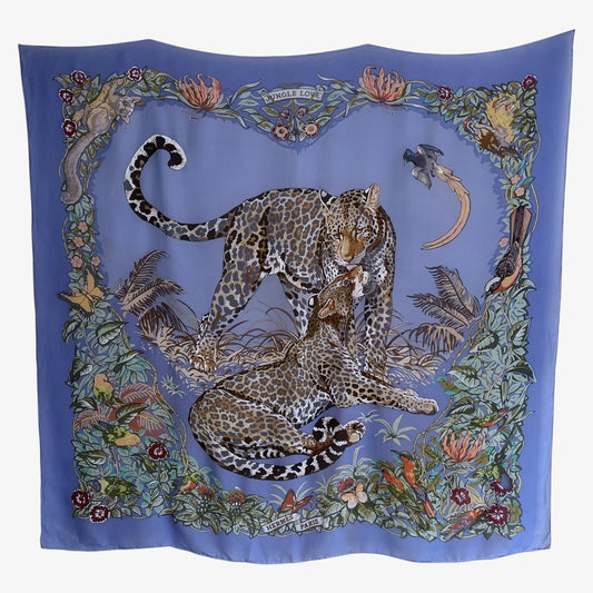 Vintage Y2K Hermes jungle love leopard print blue silk scarf.