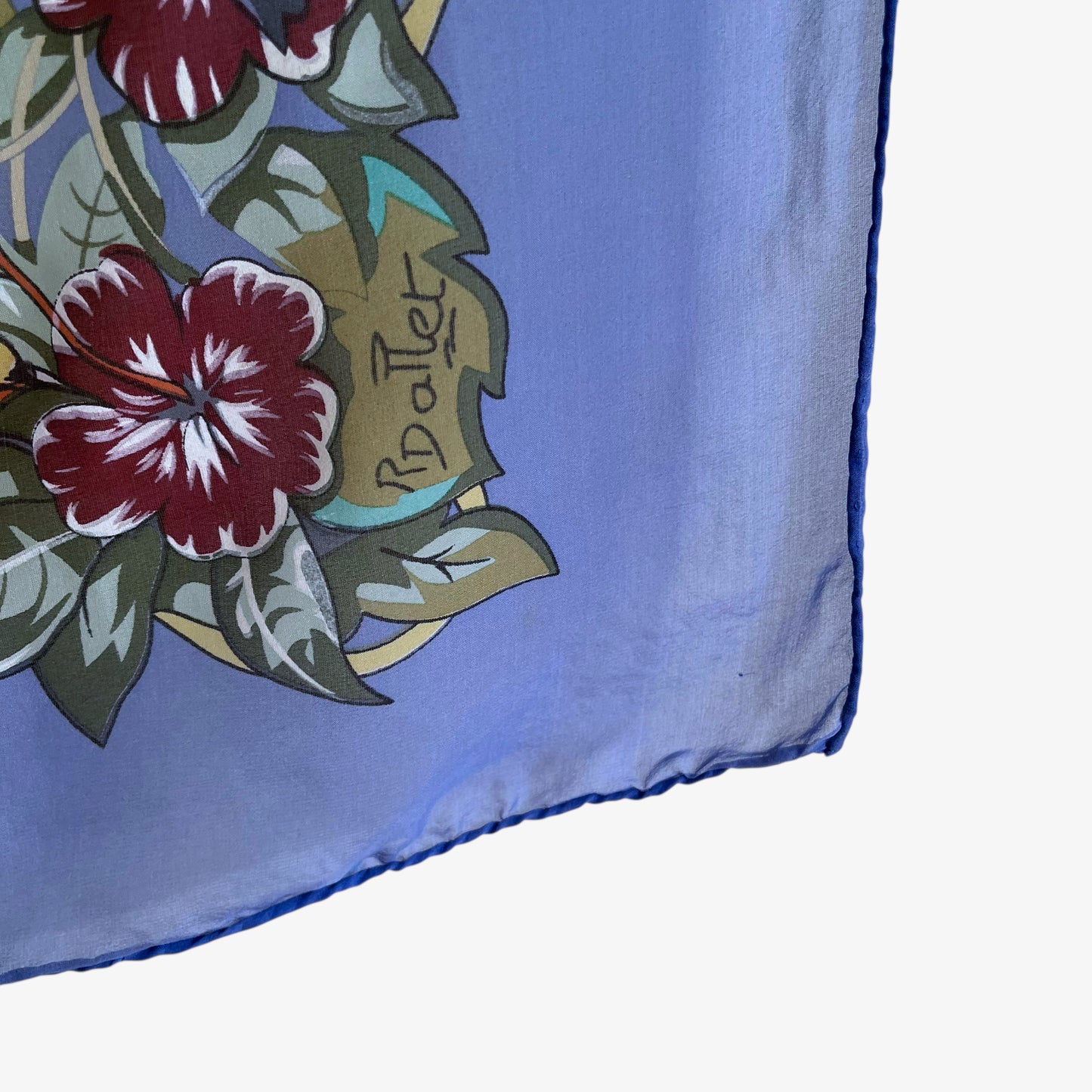 Robert Dallet signature on vintage Y2K Hermes jungle love leopard print blue silk scarf.