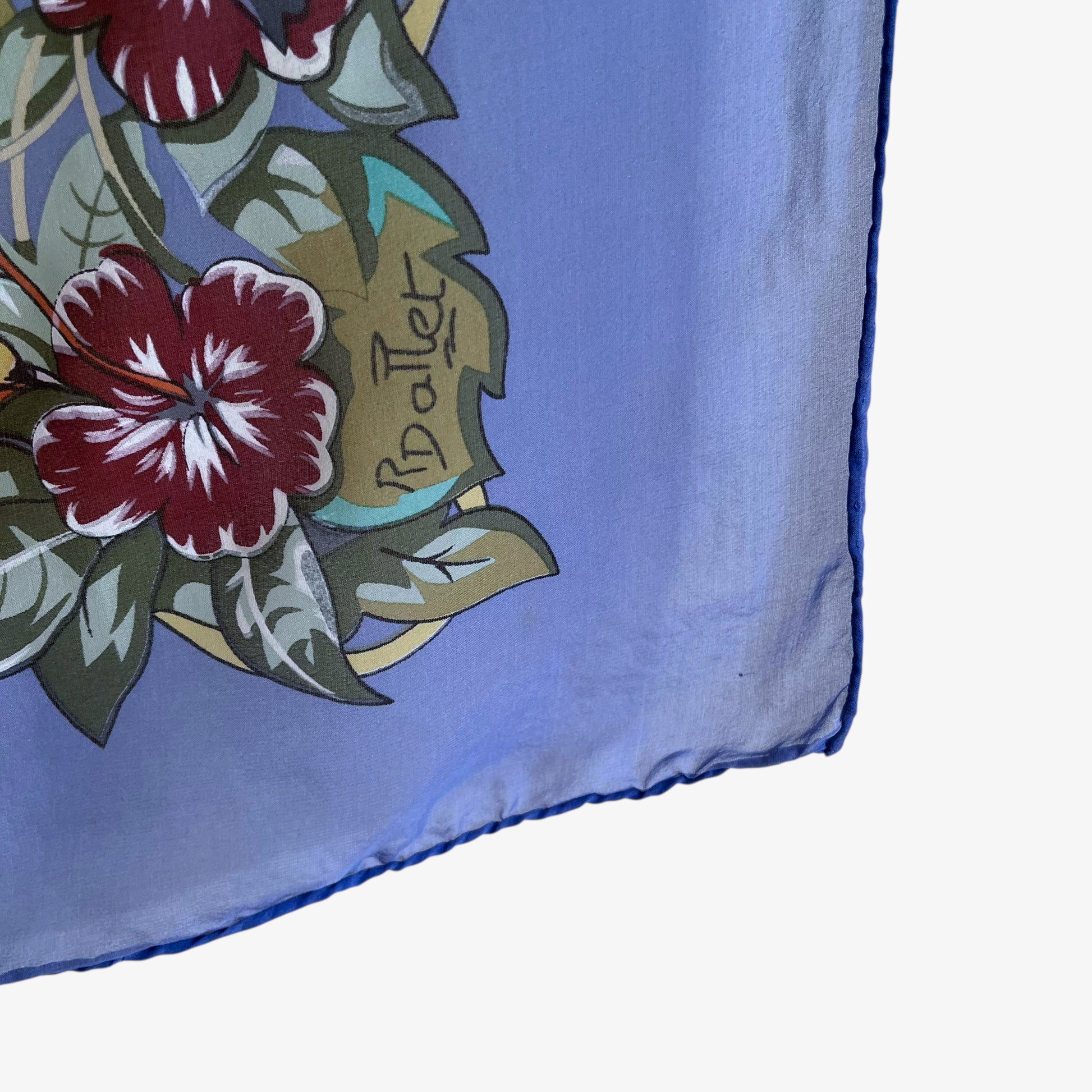 Robert Dallet signature on vintage Y2K Hermes jungle love leopard print blue silk scarf.