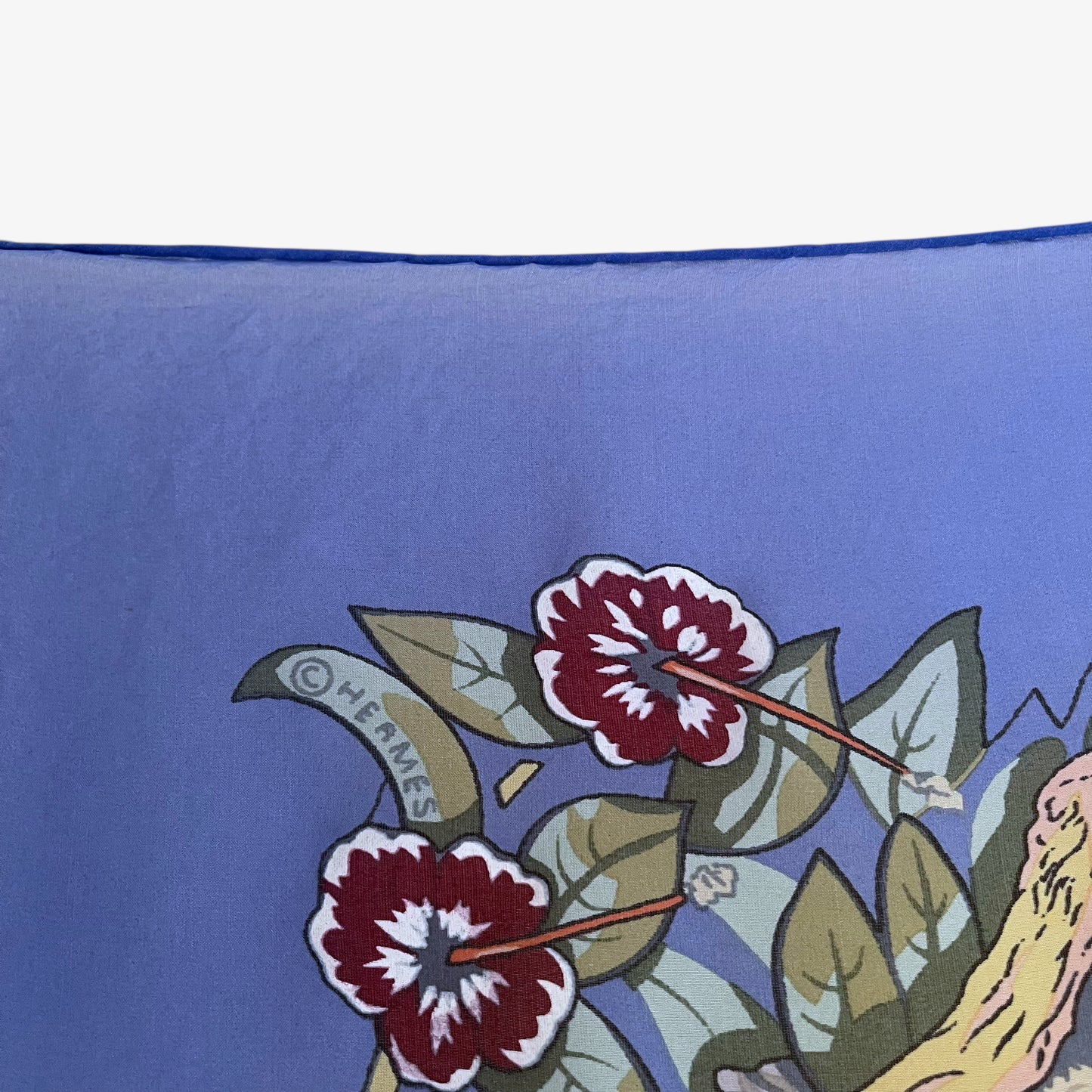 Hermes trademark on vintage Y2K jungle love leopard print blue silk scarf.