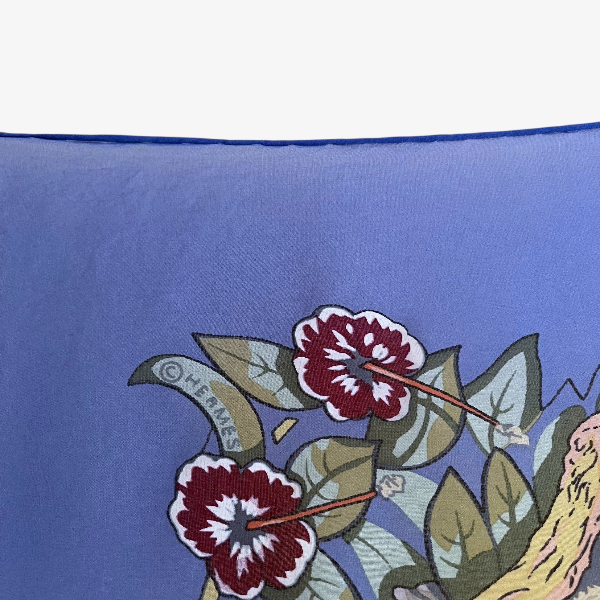 Hermes trademark on vintage Y2K jungle love leopard print blue silk scarf.