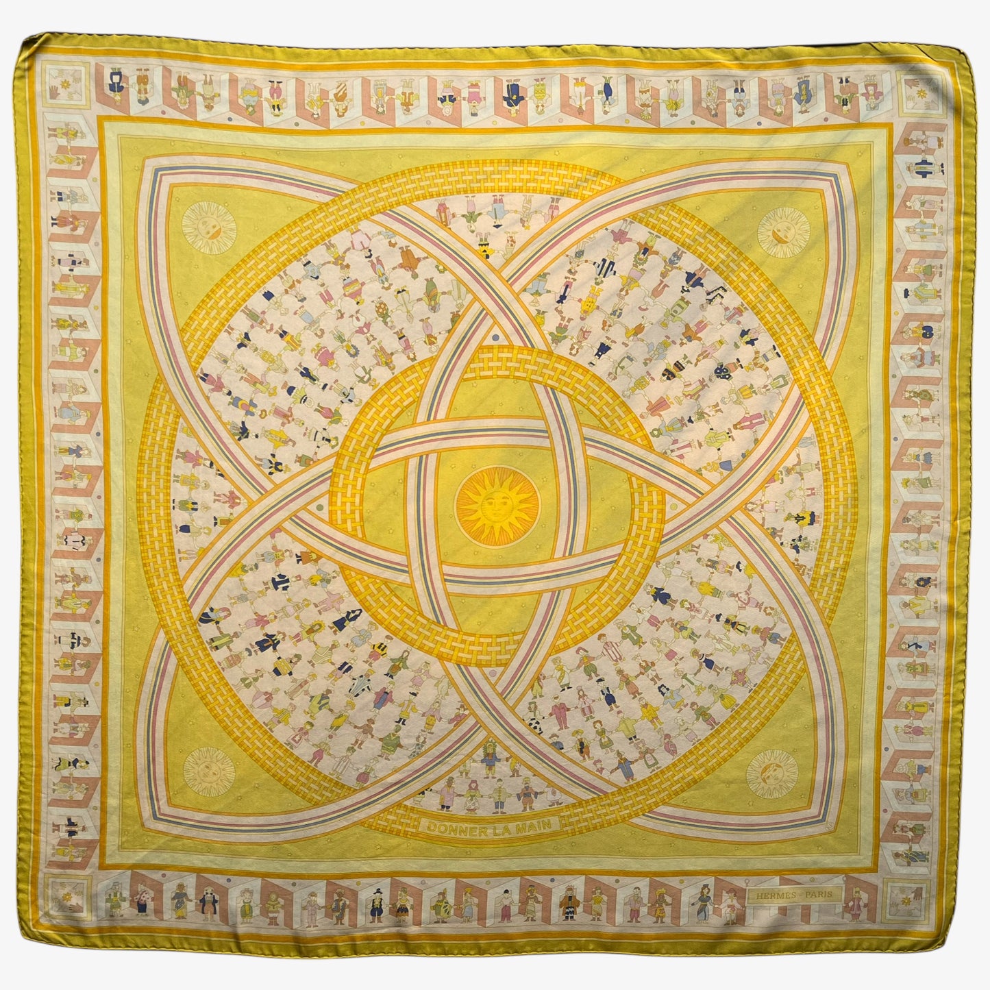 Vintage Y2K women's Hermes Paris Donner La Main geometric sun face print yellow silk scarf.