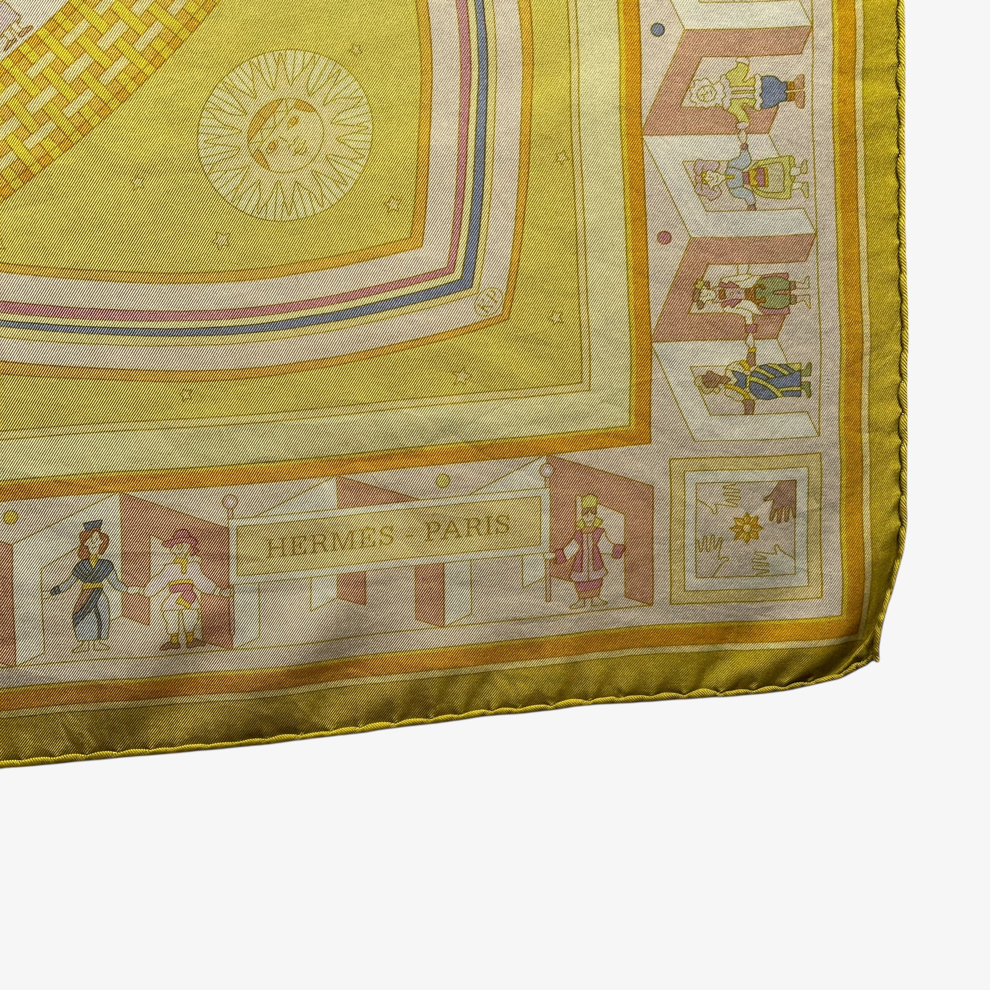 Hermes Paris logo on vintage Y2K women's Donner La Main geometric sun face print yellow silk scarf.