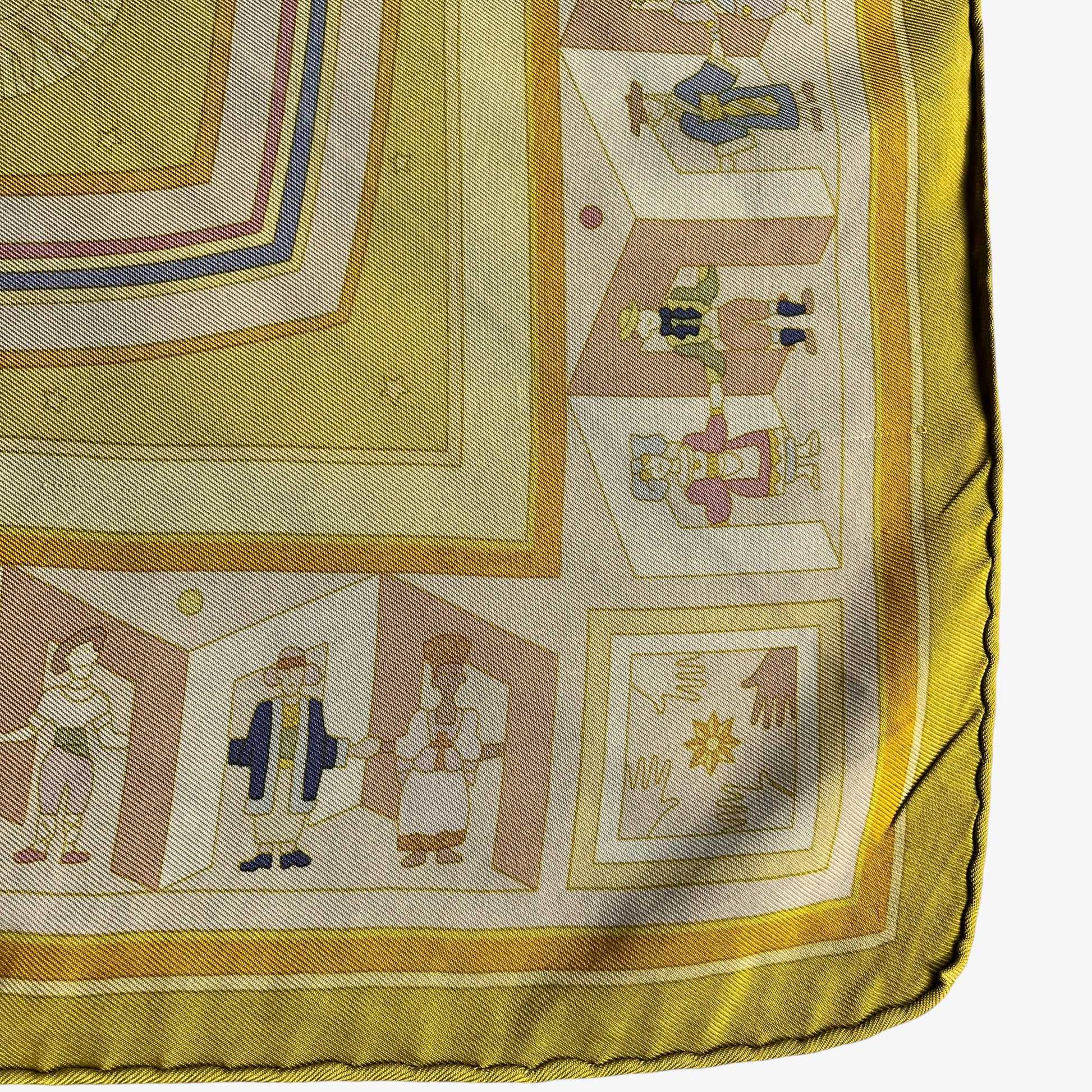 Hermes trademark on vintage Y2K women's Donner La Main geometric sun face print yellow silk scarf.