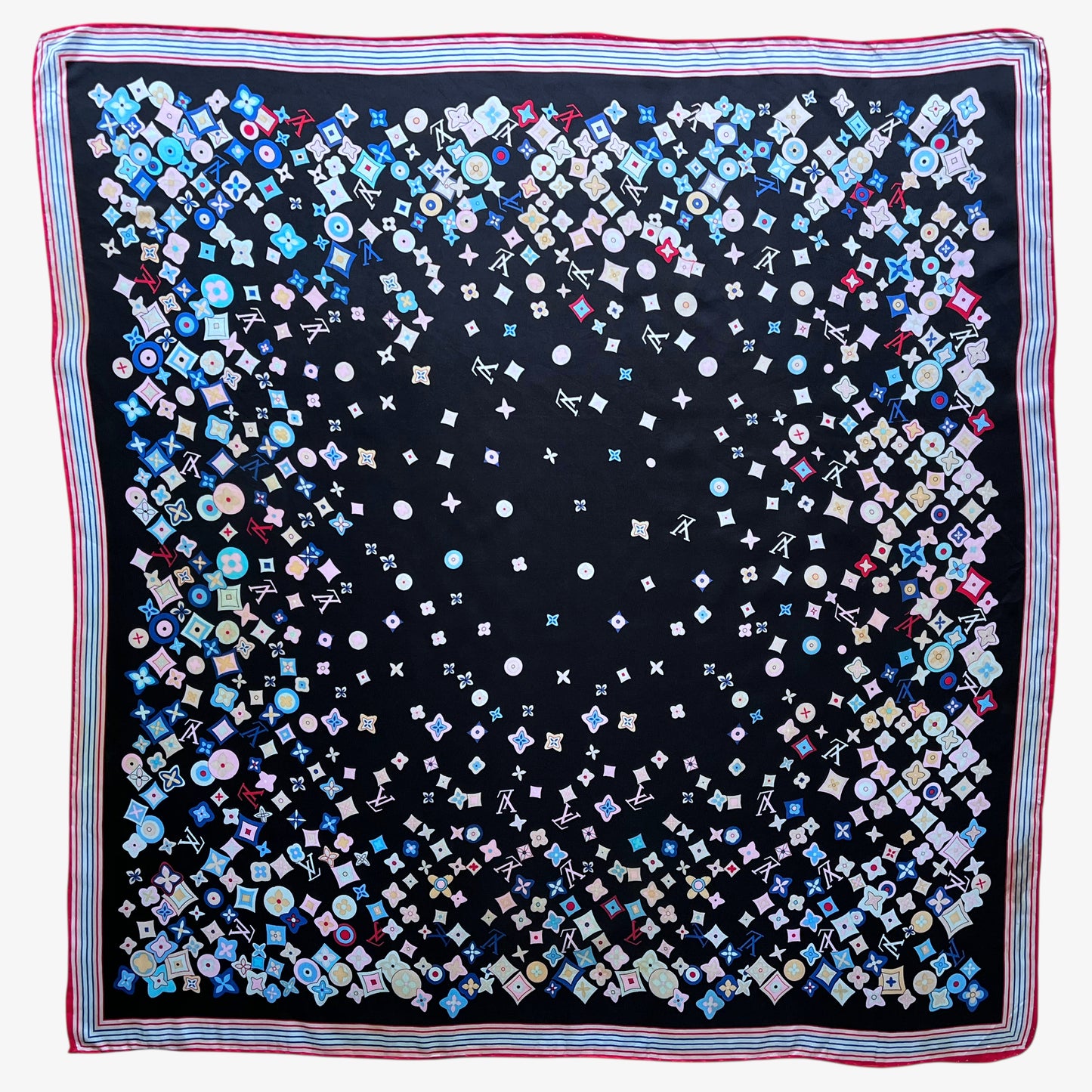 Vintage Y2K women's Louis Vuitton black silk scarf features a colourful LV and abstract floral geometric print.
