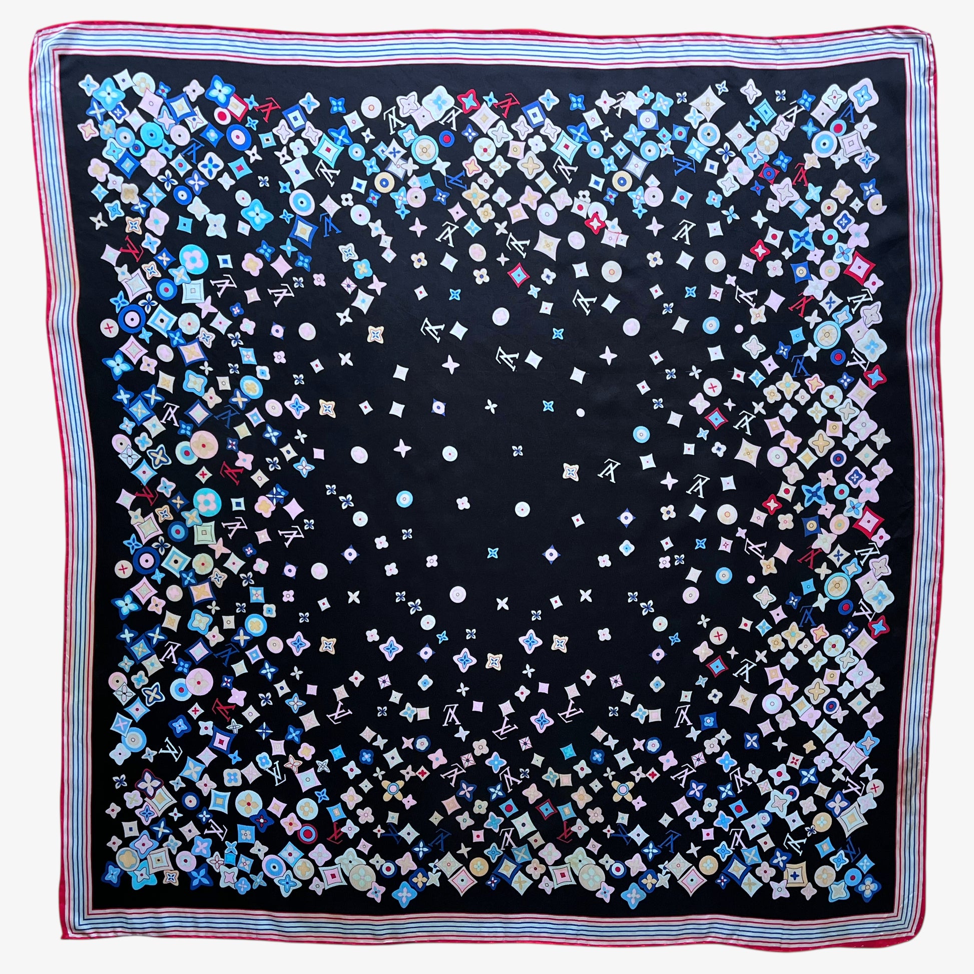 Vintage Y2K women's Louis Vuitton black silk scarf features a colourful LV and abstract floral geometric print.