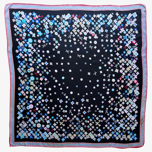 Vintage Y2K women's Louis Vuitton black silk scarf features a colourful LV and abstract floral geometric print.